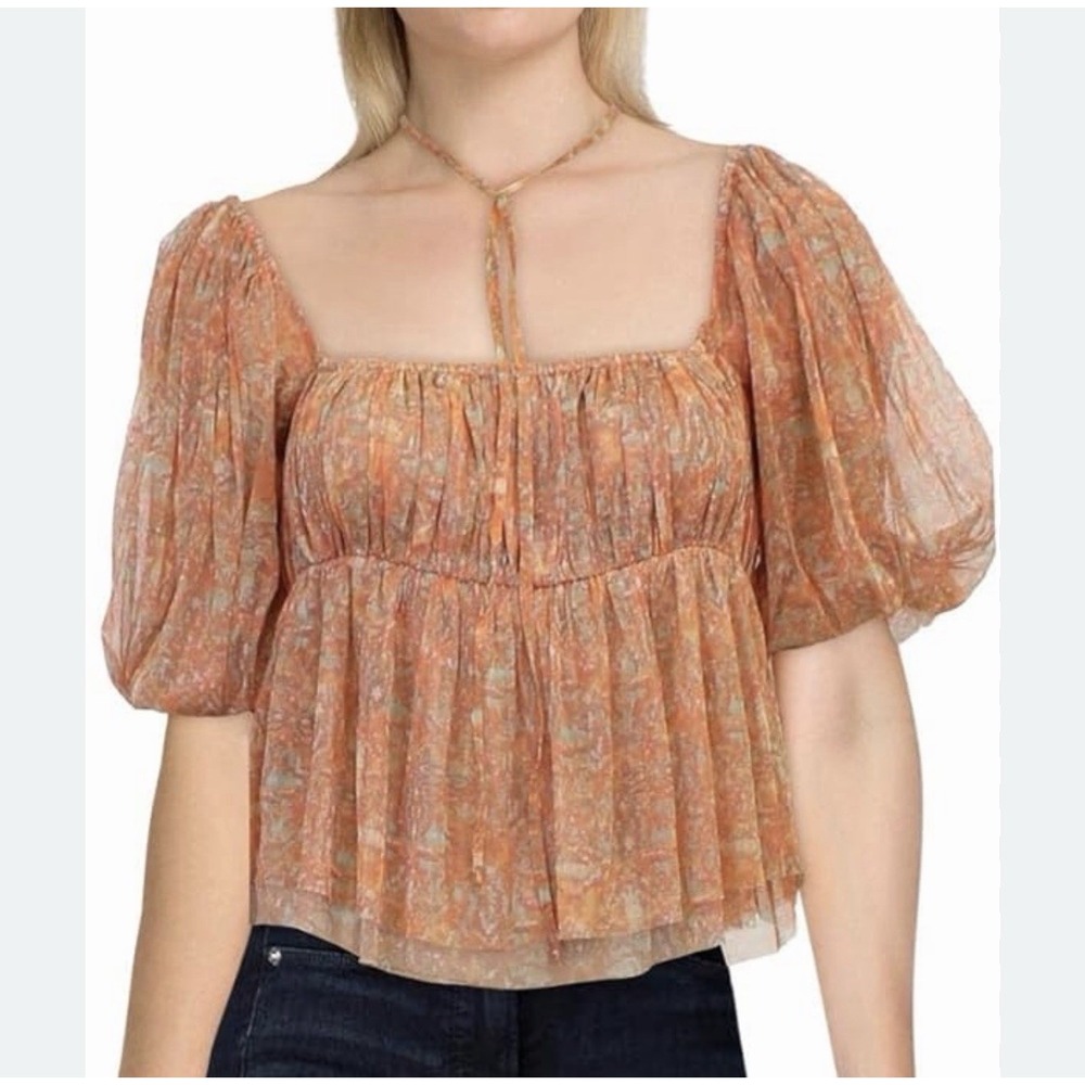 Free People Top XL Penelope Printed Smocked Peplum Top Orange Chiffon Summer NEW - Picture 10 of 10